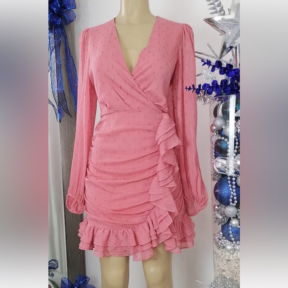 Express Pink Metallic Faux Wrap Ruffle Detail Mini Dress. - Picture 2 of 4